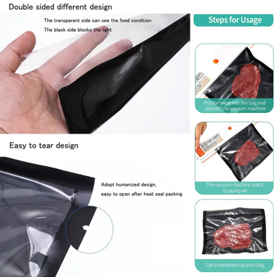 Sacos de armazenamento de cozinha personalizados para alimentos Embalagens de selos de calor negros Saco de vácuo de alimentos biodegradáveis de plástico