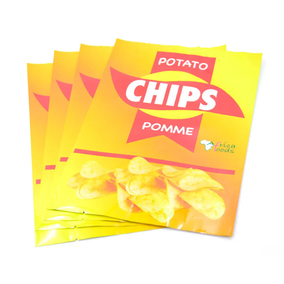 Sacos de plástico laminados amarelos brilhantes de qualidade alimentar para batatas fritas selante térmico folha de alumínio traseiro saco de selante lateral para snack pacote