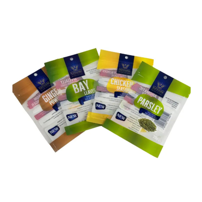 Saquete impresso sob medida, laminado, 3 lados selos, sacos de plástico, temperos, temperos, saquetes comestíveis, embalagens, sacos Ziplock Mylar