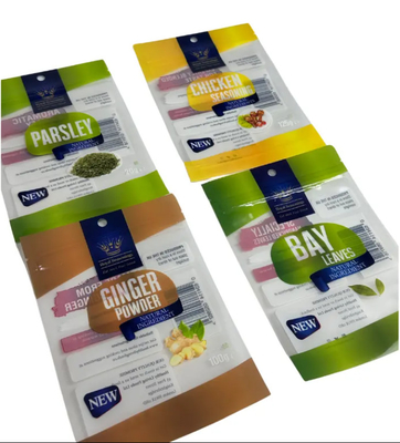 Saquete impresso sob medida, laminado, 3 lados selos, sacos de plástico, temperos, temperos, saquetes comestíveis, embalagens, sacos Ziplock Mylar