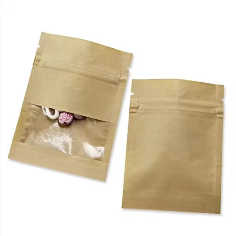 Small Resealable Three Side Seal White Brown Kraft Paper Bags Zipper Pouches With Clear Window