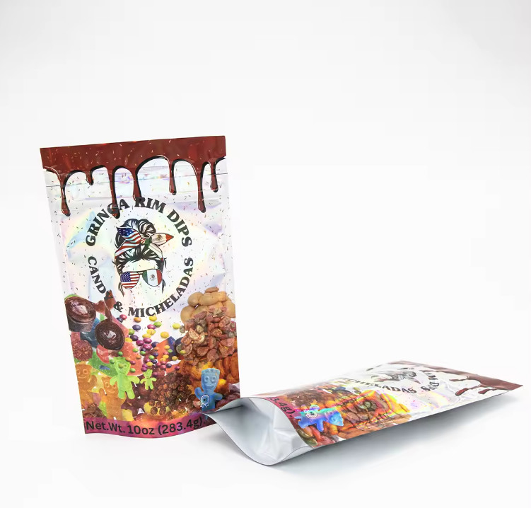 Embalagem de alimentos de açúcar impressa à medida Embalagem de plástico Folha de alumínio Mylar Stand Up Pouch Bag Die Cut Mylar Bag