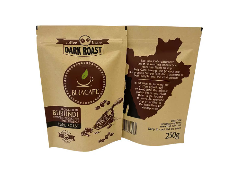 Compostabilidade Biodegradável Standup Flat Bottom Kraft Paper Food Packing Zipper Pouch Custom Impresso Saco de Café Com Valva