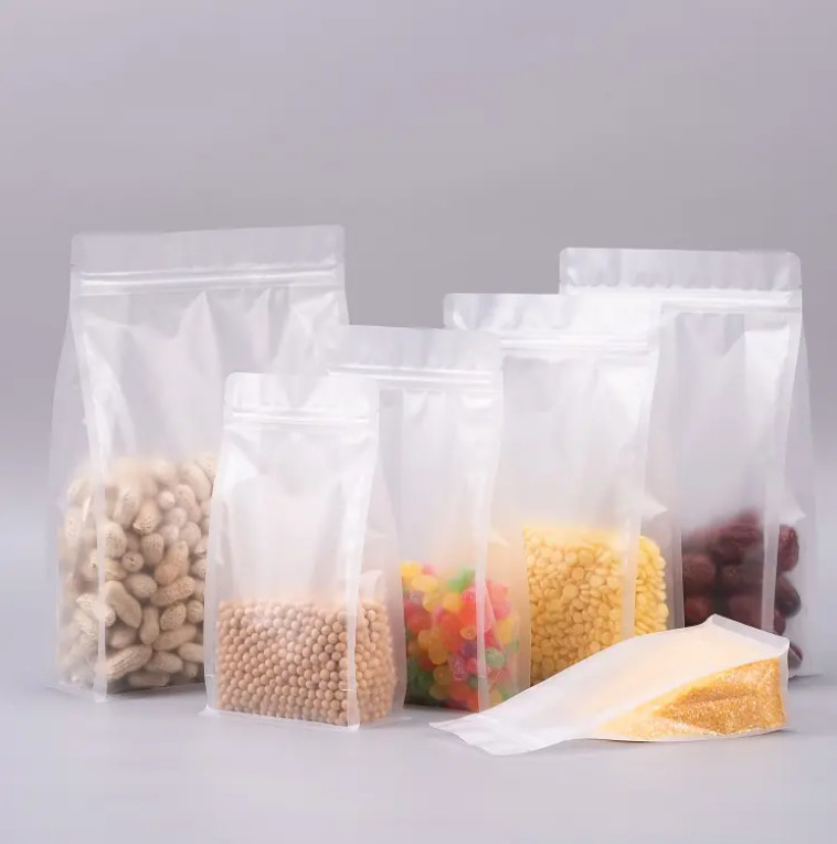 Custom Flat Bottom Eight Side Seal Transparente Transparente Zip Lock Frutas Secas Alimentos Arroz Embalagem de plástico Stand Up Pouch