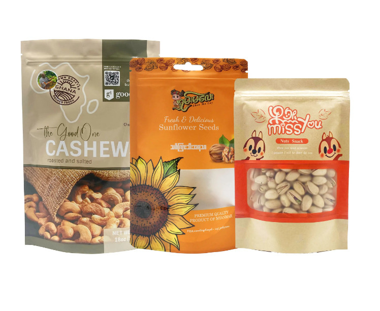 Doypack personalizado Stand Up Top Zipper Frutas secas Embalagem de alimentos Saco de amendoim Saco de nozes Pinheiros Amendoim misturado Nozes de caju Embalagem