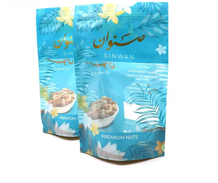 Sacos de plástico personalizados Saco de embalagem de alimentos Folha de plástico de alumínio Mylar Zipper Ziplock Saco Stand Up Pouch Doypack para nozes Snack