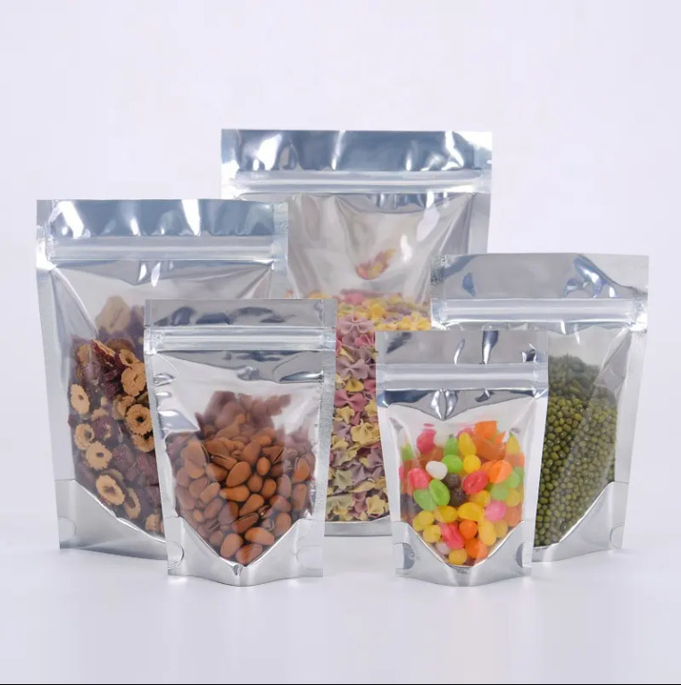 Bolsas de entrega de alimentos de papel de alumínio laminado brilhante reutilizável Bolsas de cadeado Yin Yang Bolsa de pé com frente clara