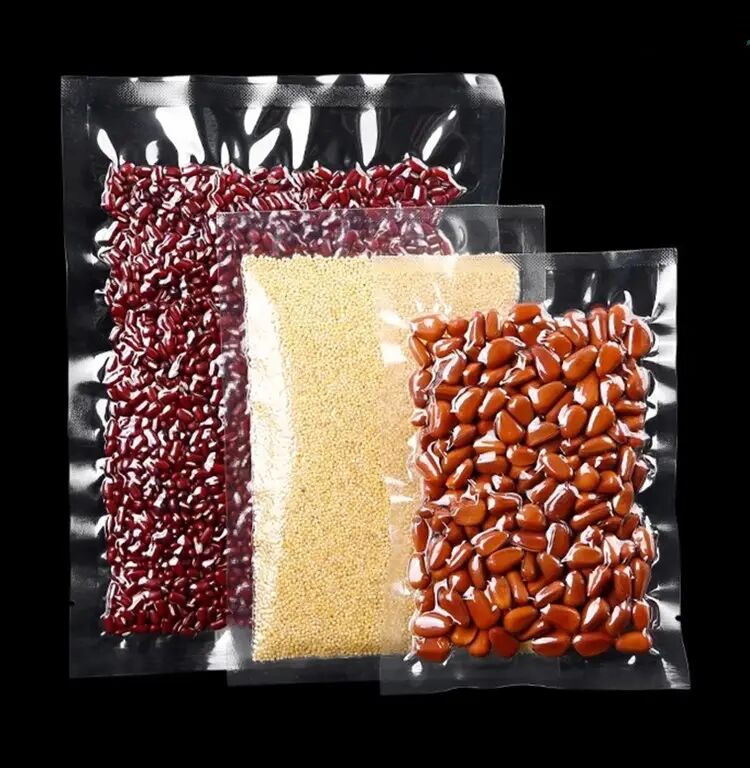 Vendas diretas de fábrica de sacos de embalagem de alimentos de nylon selados de três lados personalizados, sacos de alimentos de vácuo altamente transparentes, sacos de plástico PE, 100pcs